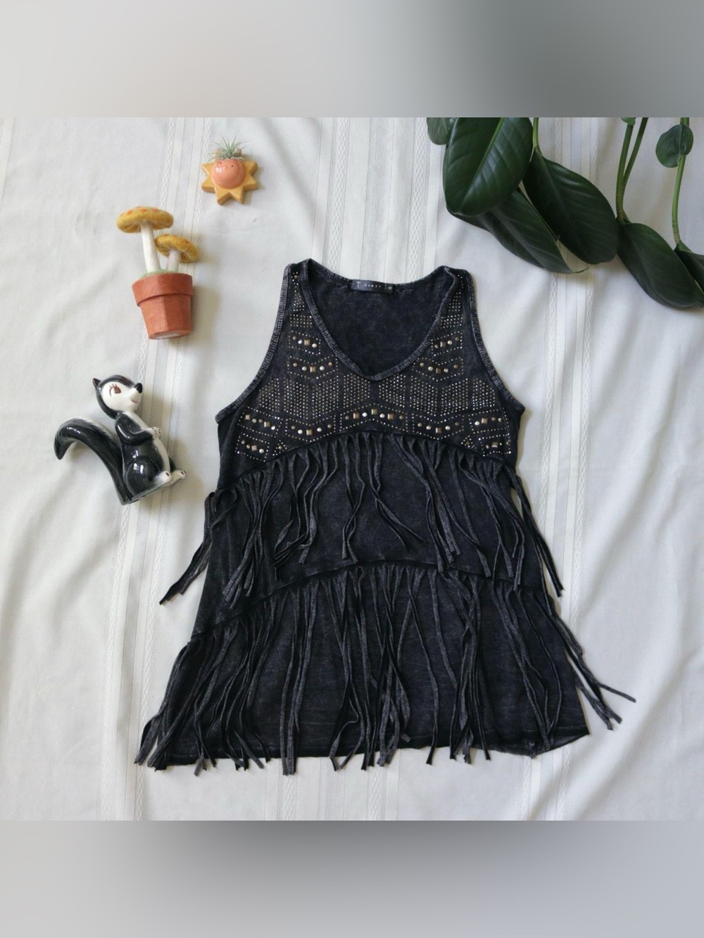 Studded fringe acid wash grey tank top